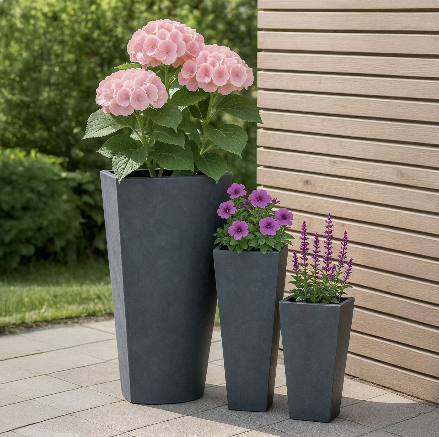 3er Set Pflanzkübel Anthrazit – Moderne Blumentöpfe aus Kunststoff für Garten, Terrasse, Balkon und Innenbereich – Dekorative Pflanzgefäße