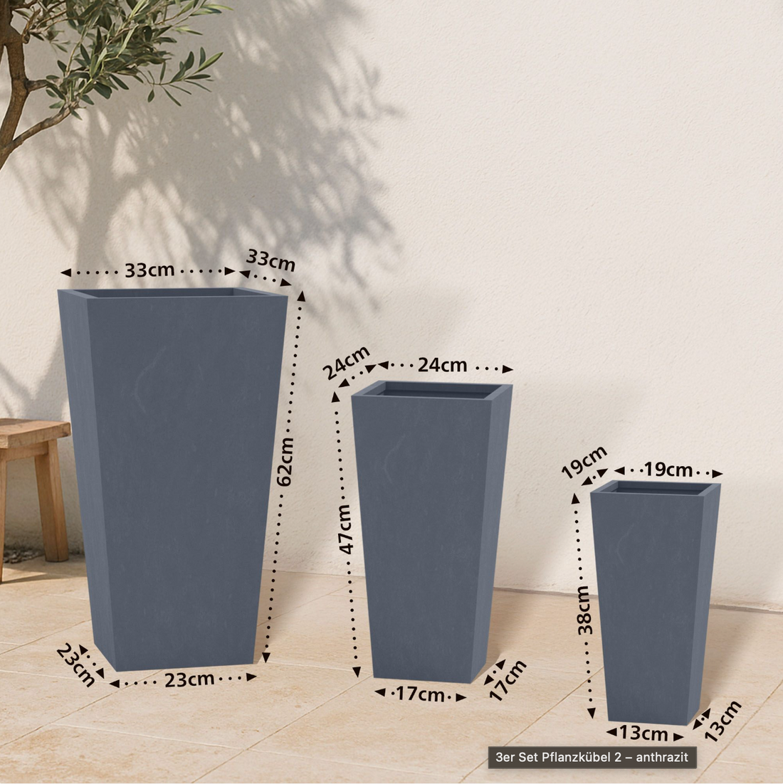 3er Set Pflanzkübel Anthrazit – Moderne Blumentöpfe aus Kunststoff für Garten, Terrasse, Balkon und Innenbereich – Dekorative Pflanzgefäße