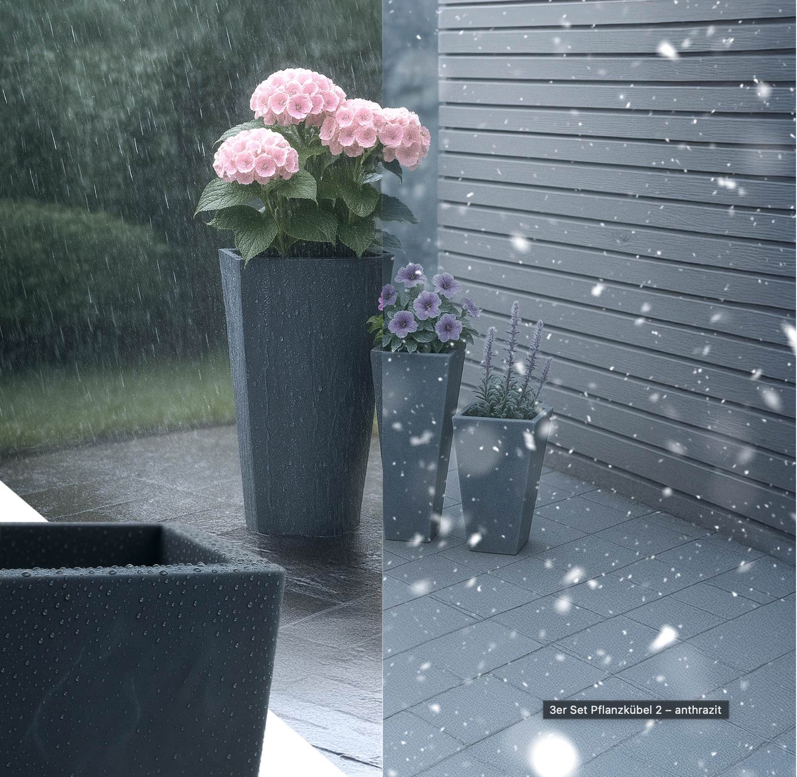 3er Set Pflanzkübel Anthrazit – Moderne Blumentöpfe aus Kunststoff für Garten, Terrasse, Balkon und Innenbereich – Dekorative Pflanzgefäße